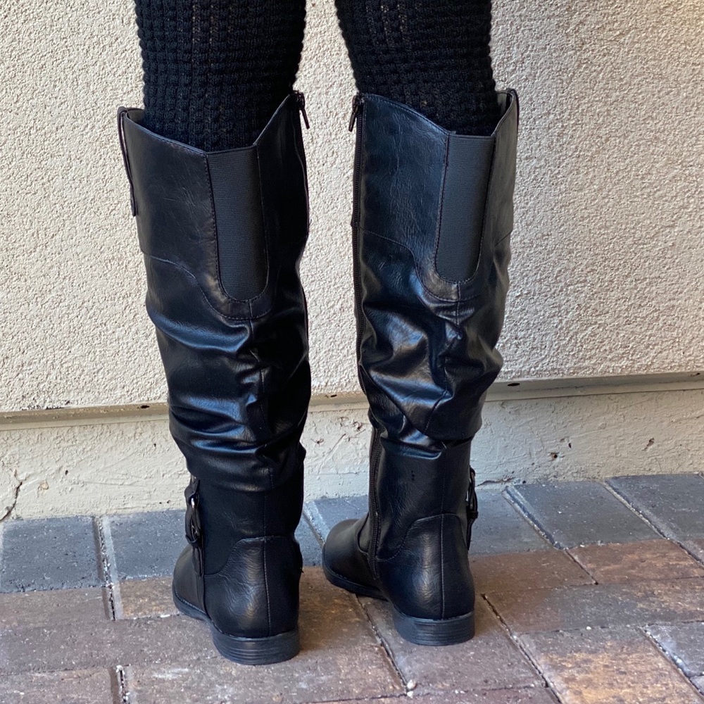 Black Knee High Slouchy Flat Boots Wide Fit Style - Picture 5 of 10